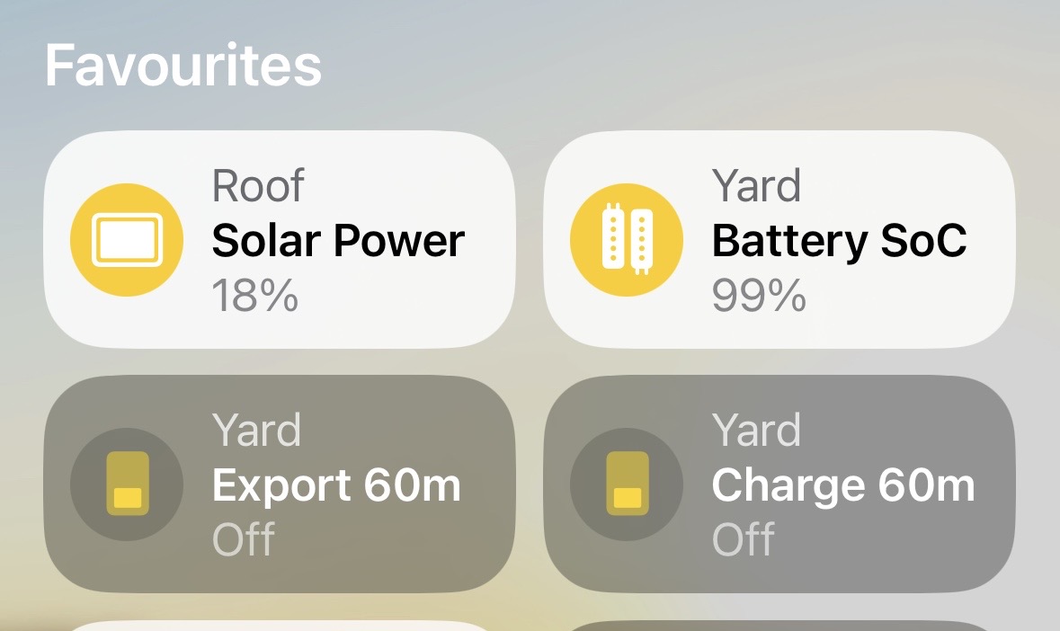GivHome in Apple Home showing Solar Power, Battery SoC, Export 60m and Charge 60m tiles